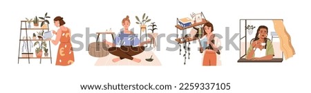 Women resting, relaxing at home. Single girl at weekend relaxations, leisure time. Happy characters with books, plants, tea, meditation. Flat graphic vector illustrations isolated on white background