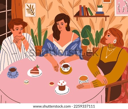 Women friends gathering for tea party, sitting at table together, talking. Young modern girls conversation with coffee and desserts. Fashion girlfriends communication. Flat vector illustration