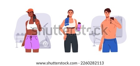 Person in sportswear in gym. Man, woman in fitness apparel, holding water bottle, towel, taking photo of body on mobile phone during workout. Flat vector illustrations isolated on white background
