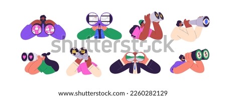 Characters holding binoculars in hands set. People looking, searching job, observing, watching, finding and discovering opportunities. Flat graphic vector illustrations isolated on white background