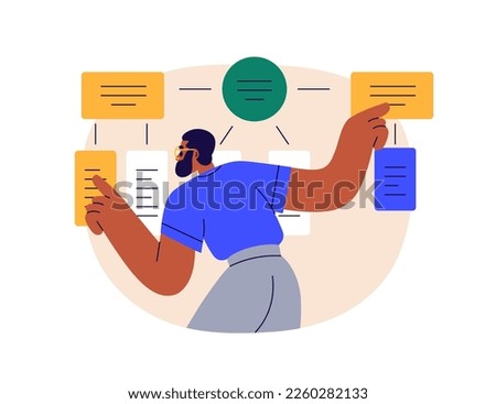 Business flowchart. Man works with algorithm scheme, information structure, system. Data analysis, research concept, complex process flow chart. Flat vector illustration isolated on white background