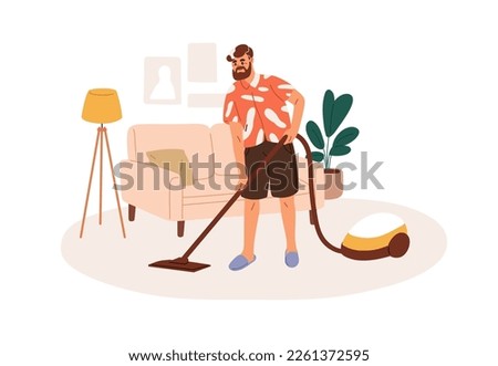 Mature man cleaning home. Person cleans carpet, floor with vacuum cleaner in living room interior. Male character during housework, housekeeping. Flat vector illustration isolated on white background