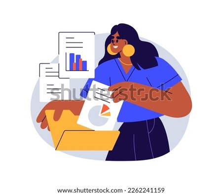 Business documents, information storage concept. Organizing, storing data in archive, folder, adding electronic paper to file, catalog, directory. Flat vector illustration isolated on white background