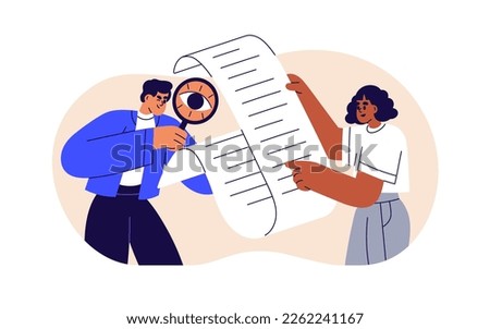 Studying information, case in business paper document. Checking, analyzing, inspecting text, searching data, researching with magnifying glass. Flat vector illustration isolated on white background