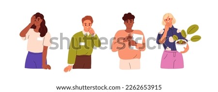 Confused surprised characters set. Embarrassed awkward face expressions of shocked astonished bewildered wondered people, clumsy ashamed emotion. Flat vector illustrations isolated on white background