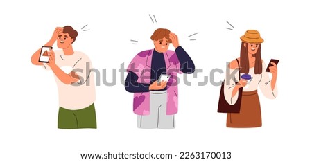 Sad anxious characters with mobile phones, reading bad news, message in internet. Upset shocked scared people with smartphones, negative emotion. Flat vector illustrations isolated on white background