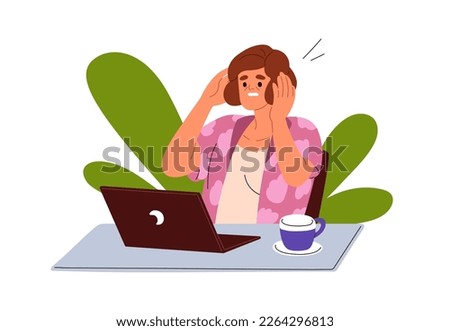 Shocked person reading bad news at computer. Stressed worried scared woman looking negative information. Anxiety and online media concept. Flat graphic vector illustration isolated on white background