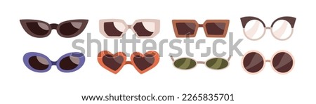 Sunglasses designs set. Summer sun glasses, fashion eyewear frames, rims. Women beach accessories in modern retro style. Different eyeglasses. Flat vector illustrations isolated on white background