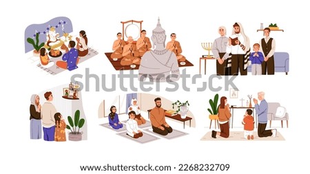 Religious people praying. Muslim, Christian, Hindu, Buddhist, Jewish, Protestant families at religion rituals, prayers with holy symbols. Flat graphic vector illustrations isolated on white background