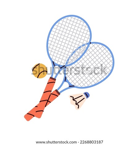 Tennis rackets, ball, badminton shuttlecock. Crossed racquets, sport game equipment, supplies for playing tenis. Flat graphic vector illustration isolated on white background