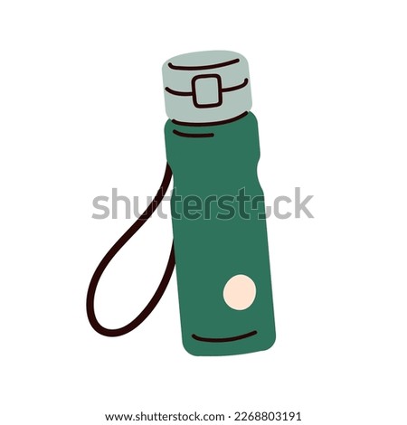 Water bottle, reusable eco-friendly tumbler for sport gym, travel. Plastic vessel for drink, liquid closed with cap on loop. Vacuum thermos. Flat vector illustration isolated on white background