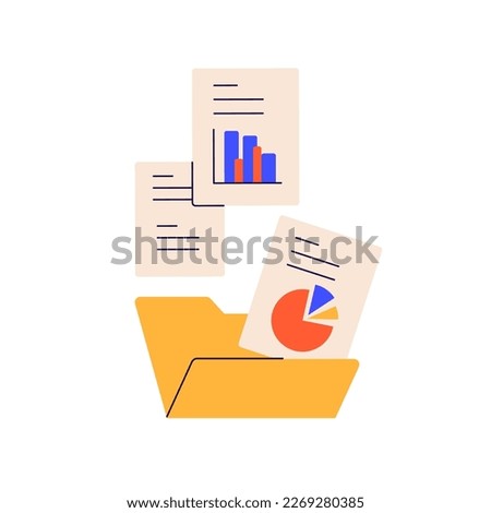 Documents from computer folder, business archive. Files, work papers, financial reports, accounting data, finance statistics information concept. Flat vector illustration isolated on white background