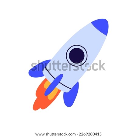 Rocket ship launched to space. Flying cosmos shuttle, rocketship taking off with fire engine. Business booster, startup, future, aim concept. Flat vector illustration isolated on white background