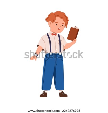 Cute little boy reading poetry, learning and reciting poem. Small kid performing song, standing with book in hand. Elementary school child singer. Flat vector illustration isolated on white background