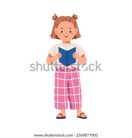Cute girl reading aloud. Happy child reader with book in hands. Kid character studying, holding textbook, notebook. Elementary education concept. Flat vector illustration isolated on white background