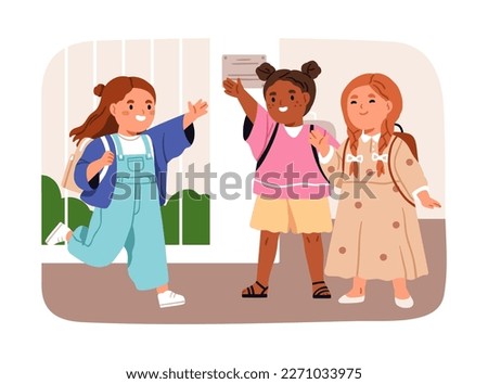 School kids friends. Cute happy girls children mates meeting, greeting with hi gesture. Little elementary schoolkids, classmates smiling, pupils waving with hands. Flat graphic vector illustration