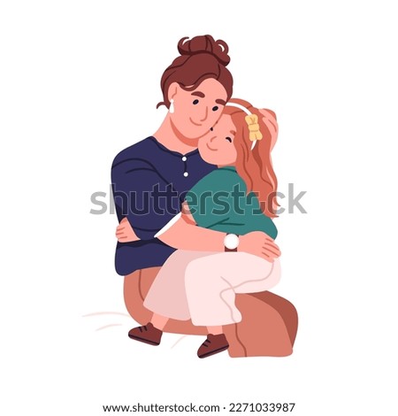 Hugging mother and daughter. Happy mom and girl child embracing. Cute kid sitting on mum knees, cuddling woman parent with love, support, care. Flat vector illustration isolated on white background