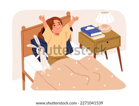 Happy kid waking up. Cute girl stretching on bed in morning. Smiling little child awaking in good mood after healthy sleep at home bedroom. Flat vector illustration isolated on white background