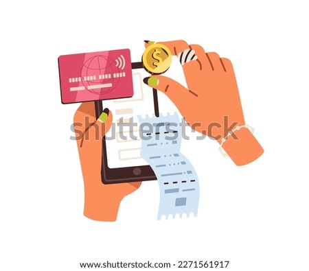 Paying online with credit card and phone, mobile bank app. Hands with smartphone, receipt, electronic money. Internet payment concept. Flat graphic vector illustration isolated on white background