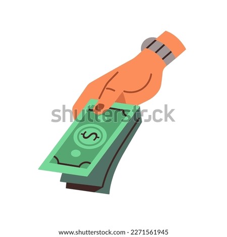 Hand paying with cash, dollar stack. Holding banknotes, giving currency, american USD bank notes bills. Payment, finance, wealth concept. Flat vector illustration isolated on white background