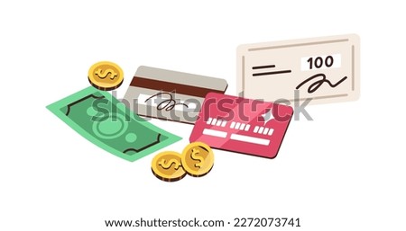 Financial instruments. Credit debit cards, bank cheque, banknote, coins. Cash and cashless finance, money. Different paying, payment methods. Flat vector illustration isolated on white background.