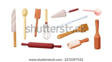 Wooden spatula, whisk, measuring spoon, rolling pin, metal knife, scoop set. Baking tools, kitchen supplies, cooking utensils set. Flat cartoon vector illustrations isolated on white background
