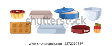 Baking pans, casserole dishes, silicone molds, cups, bakeware set. Bakery ware, roasters, bowls, ceramic and metal cooking equipment. Flat cartoon vector illustrations isolated on white background