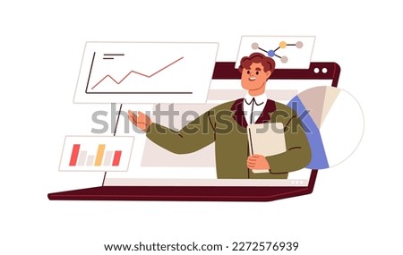 Online business speaker. Financial education webinar, finance presentation, report with economic graphs, charts in internet. Presenter in laptop. Flat vector illustration isolated on white background