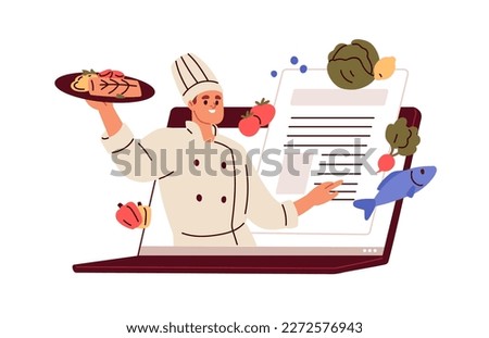 Online cooking course, internet recipe. Virtual digital culinary school concept. Internet restaurant business with chef peeking out of screen. Flat vector illustration isolated on white background
