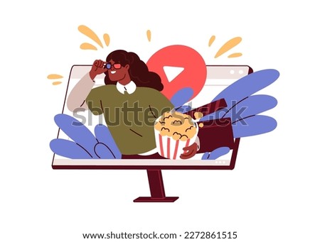 Films and series, online streaming video content service. Computer screen with movie lover with popcorn, watching TV shows on internet platform. Flat vector illustration isolated on white background