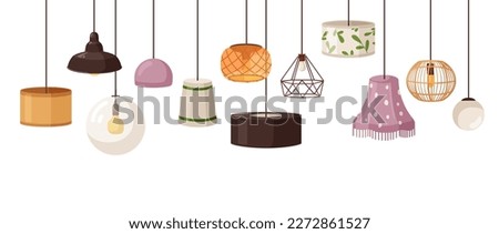 Ceiling lamps set. Home chandeliers designs. Electric light decorations. Lightbulbs in modern lampshades of trendy shapes, hanging on wire, cord. Flat vector illustrations isolated on white background