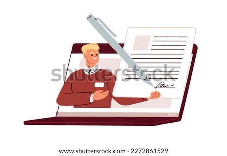 Signing digital contract, e-document. Signature on electronic business paper online. Verifying, certifying, validating agreement through internet. Flat vector illustration isolated on white background