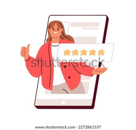 Feedback, customers review, positive user experience concept. 5 stars rating of mobile app, online service satisfaction. Happy client in internet. Flat vector illustration isolated on white background