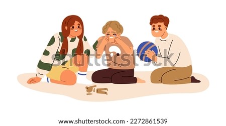 Kids comforting, supporting upset crying child friend with broken toy. Supportive children helping frustrated disappointed boy in tears. Flat graphic vector illustration isolated on white background