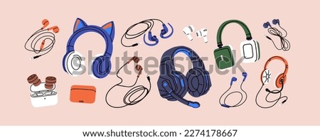 Headphones, earphones, earbuds in case set. Sound headsets, big and small portable audio devices, wired and wireless music accessories, stereo gadgets with mic, cord. Isolated flat vector illustration