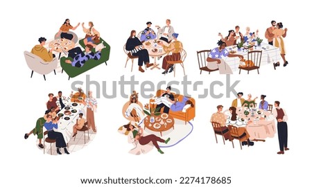 Friends gatherings around dinner tables set. Happy people eating, talking at home and restaurants parties, hangouts with food and drinks. Flat graphic vector illustrations isolated on white background