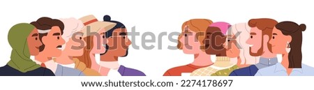 Two groups of people, social unions looking at each other. Happy friendly peaceful communities. Humanity, peace, tolerance, understanding concept. Flat vector illustration isolated on white background