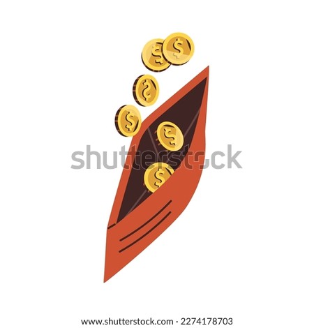 Coins falling into wallet, purse. Finance cashback, pocket money, bonus, income receipt, financial savings concept. Earnings, change, refund. Flat vector illustration isolated on white background