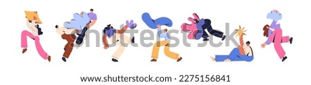 Creative characters holding abstract shapes. Happy people carrying modern organic geometric figures, elements in hands. Art and business concept. Flat vector illustrations isolated on white background