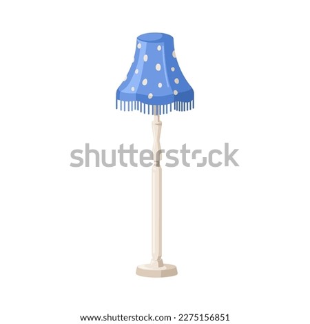 Floor lamp. Standing luminaire, electric light with bell-shaped shade. Retro-styled lampshade with polka dot pattern and fringe decor. Flat cartoon vector illustration isolated on white background