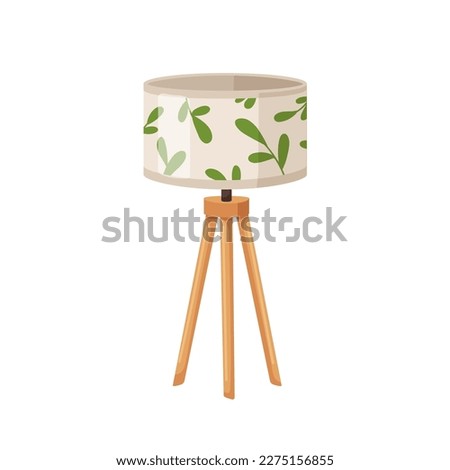 Floor lamp on wood legs. Electric light standing on wooden tripod, drum shade. Modern contemporary cozy lampshade. Stylish trendy luminaire. Flat vector illustration isolated on white background