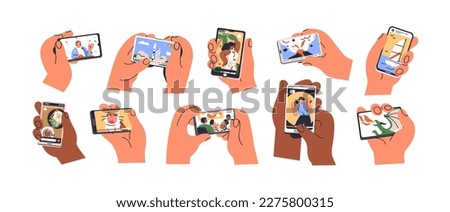 Watching videos online on mobile phone screen. Hand holding smartphone with movies, news media, social network story, series, podcast set. Flat graphic vector illustration isolated on white background