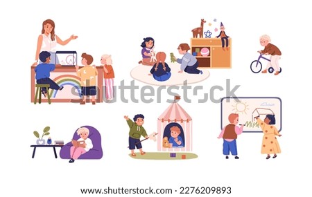Childrens activities, funs in kindergarten class set. Kids playing with toys in nursery classrooms. Happy boys, girls drawing on board, reading. Flat vector illustrations isolated on white background