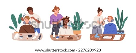 Hairdresser, makeup artist during professional makeover of clients in beauty salon. Hairstylists making haircut style, hairdo, make-up for women. Flat vector illustrations isolated on white background