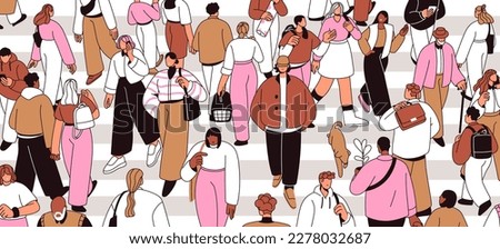 Crowd on urban crosswalk, crossing street, road. Many people, lot of pedestrians on zebra. Busy city traffic, rush hour concept. Population, society, citizens in metropolis. Flat vector illustration