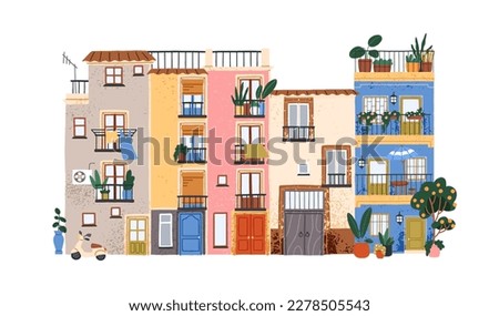 Southern house exterior with balconies. Apartment building, old home, plants. Cozy cute facade, exterior, Spanish town architecture. Colored flat vector illustration isolated on white background