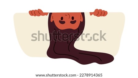 Woman peeping, peeking from behind. Funny persons head, hair upside down, looking under bed. Characters watching, observing with scared eyes. Flat vector illustration isolated on white background