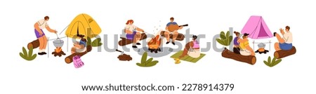 Outdoor camping set. Campers with tents, bonfire, cooking, relaxing, playing guitar, singing songs. Tourists at campfire on summer vacation. Flat vector illustrations isolated on white background
