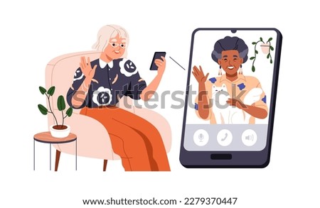 Senior friends during online video call. Old women talking via internet. Virtual videoconference, mobile phone chat of modern elderly people. Flat vector illustration isolated on white background