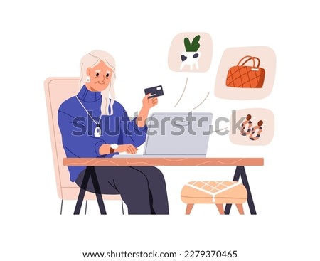 Elderly woman during internet shopping at computer. Senior female buying, ordering, paying for purchase with credit card in online store. Flat graphic vector illustration isolated on white background